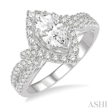 3/4 Ctw Marquise and Round Cut Split Shank Diamond Ladies Engagement Ring with 1/3 Ct Marquise Cut Center Stone in 14K White Gold